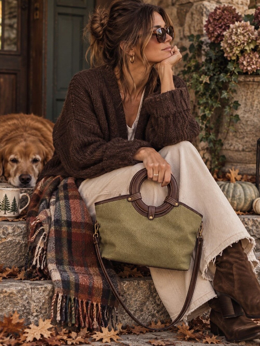Olive Green Woven Satchel Bag Brown Round Handles Crossbody Y2K Boho